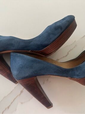 Blue Suede Block Heel Pumps